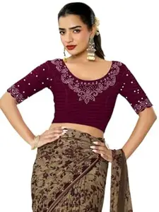 MRSWEARS Women's Regular Fit Readymade Stretchy Elbow Length Embroidered Saree Blouse