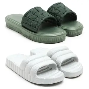 Skytrap Stylish Comroftable Trending Light Weight Extra Soft Green, Grey Rubber Slides Slippers Flipflop for Women & Girls Combo of 2