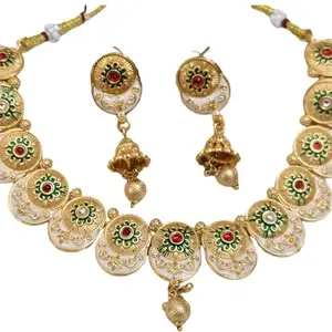 TheCryscent Traditional Indian Necklace Set with Earrings| Gold-Plated|White Enamel|Red and White Stone Work|Trendy Matte Finish Jewellery