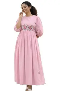 Women's Embroidered Maxi Dress, 3/4 Sleeve, A-Line, Floral Embellished Waist, Ankle Length
