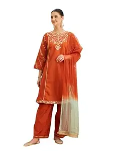 MOKOSH Women's Silk Embroidered Kurta with Palazzo and Soft Net Dupatta Set | Three-Piece Ethnic Suit for Festive