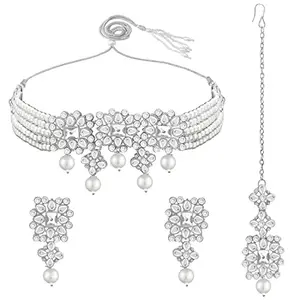 I Jewels 18K Rhodium Plated Pearl & Kundan Studded Choker Necklace Jewellery Set with Earrings & Maang Tikka for Women (ML224ZW)