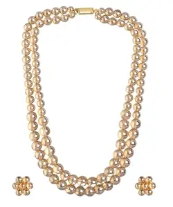 Mansiyaorange Double-Strand Golden Transparent Crystal Beaded Necklace with Floral Stud Earrings for Women | Elegant Jewellery Set for Festive