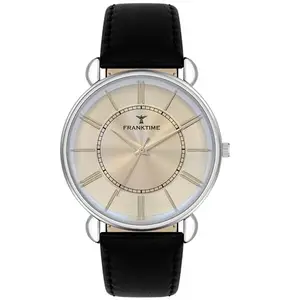 Franktime Quartz Analog Deep Grey & Gold Round Dial Minimalist Wrist Watch for Men |Black Genuine Leather Strap Watch Valentine Special Casual Classy Watch for Boys & Men's