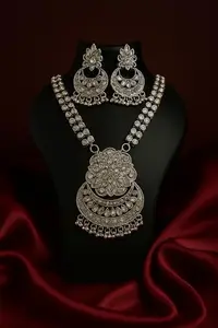 Antique-Style Oxidised Silver Necklace and Earrings Set, Traditional Floral Design with Crescent Pendant