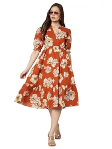 PIDAVLIYA'S Women’s Cotton Floral Printed Midi Dress with V-Neck & Puff Sleeves | Lightweight Summer Casual Dress for Women | Stylish A-Line Knee Length Dress