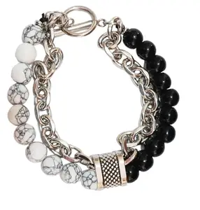 Black & White Beads Stones with Double Chain Beads Bracelet for Men’s