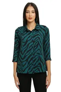 COTTONANSH Women's Cotton Formal Shirt Regular Fit 3/4 Sleeves Solid Shirts for Girls and Womens Green and Black Print Shirt (Large)