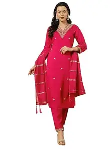 SPARKLE LIFESTYLE Women's Viscose Rayon Embroidered Kurta Pant with Dupatta Set | 3Piece Kurta Set | 3/4 Sleeve V Neck Ethnic Kurti Suit Set | Festive, Casual & Party Traditional Indian Outfit