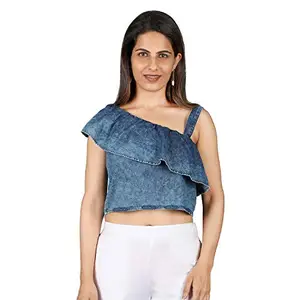 ASHTAG 100% Cotton Denim One Shoulder Ruffle Top for Women (Small)