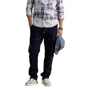 WROGN Men's Cotton Blend Cargo Jeans | Solid | Relaxed Fit