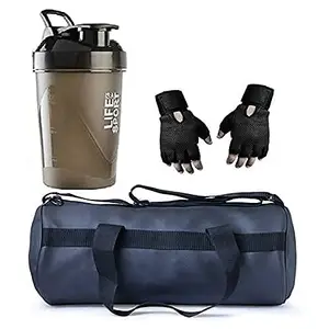 ALLIED SALES INDIA Allied Sales SG-002 Leather Gym Bag; Fuel Protein Shaker and Gym Gloves with Wrist Support Combos