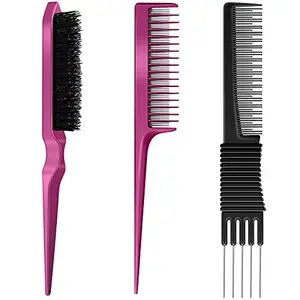 Patelai 3 Pieces Pick Teasing Combs Hair Brush Set Includes Black Carbon Lift Teasing Combs with Metal Prong, Triple Pin Rat Tail Comb, Nylon Bristle Hair Comb Brush for Women (Black, Rose Red)