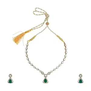 Kushal's Fashion Jewellery Green Victorian Plated Ethnic Kundan Necklace Set - 417414