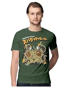 ALLEN BLACK Men's Regular Fit T-Shirt Spaghetti Monster 100% Cotton T-Shirt Olive Green_SPAGMONMEN-Olive Green 4XL Men Round_