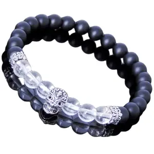 RRJEWELZ Unisex Bracelet 8mm Natural Gemstone Matte Black Onyx & Crystal Quartz Round shape Smooth cut beads 7 inch stretchable bracelet for men & women. | STBR_05376