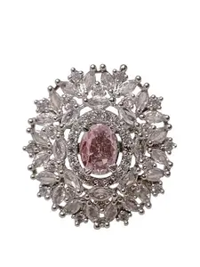Crystal Floral Statement Ring, Rhodium Plated, American Diamond, Adjustable Cocktail Ring (Pink)