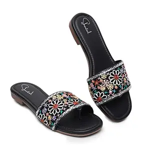 Shoestail Embroidered Slip On Ethnic Flats Sandals Chappal comfotable & stylish Sandals Casual Summer Beach Flats Sandal For Women & girls Black40