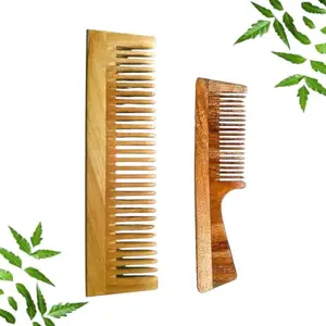 Handmade Wooden Neem Long Wide Tooth Comb And Neem Wooden Comb With Handle Combo for Stimulating Hair Growth and Hairfall Control
