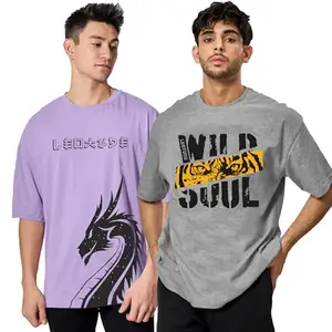LEOTUDE Mens's Cottonblend Oversized Round Neck T-Shirt (PO2_FS49_Grey_Soul_Prple_Dragon_PMulti-C81_M)