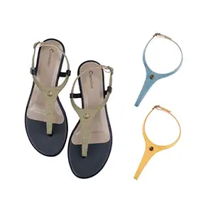 Cameleo -changes with You! Women's Plural T-Strap Slingback Flat Sandals | 3-in-1 Interchangeable Strap Set | Olive-Green-Light-Blue-Yellow