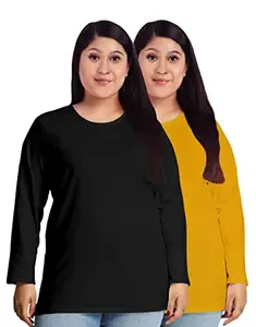 OPLU Women's Plus Size T-Shirt Pack of 2 with Black and Yellow Round Neck Full Sleeve Plain Combo Pootlu Tshirts.(Pooplu_Multicolored_3X-Large)