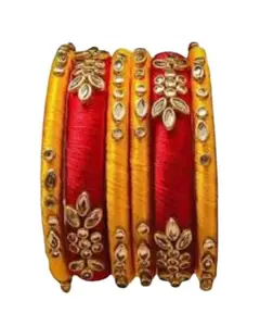 Silk Thread Bangles New kundan Style/Bridal Wedding Bangle Set for Women/Girls (Red & Yellow, 2-6)