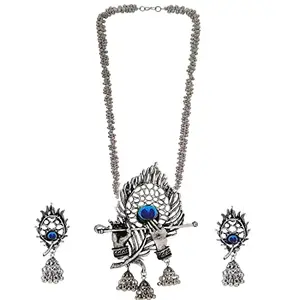 Generic Stylish Alloy Metal Krishna Murli Style Silver Oxidised Necklace Set for Women-PID37238