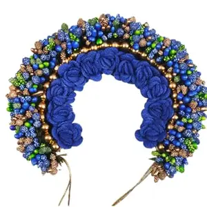 VJP Blue with Green beaded Artificial Flower Gajra 12 inches long for wedding Bridal hair decoration