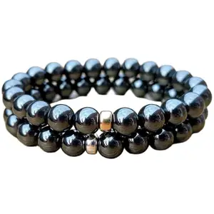RRJEWELZ Hematite 8mm Round Smooth beads Long Distance Couples Love Friendship Combo Bracelet Set - Couples Relationship 6 inch Stretchable Bracelets set|RR_CPBR_130_6