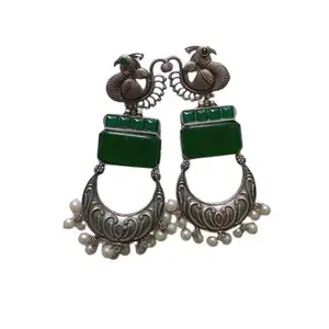 HK Enterprises - Monalisa Stone Long Dark Green Stone Silver Jhumki Earrings