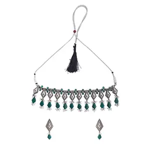 Yellow Chimes Yellow Chimes Jewellery Set for Women and Girls Choker Set for Women | Silver Tone Green Beads Drop Choker Necklace Set for Women | Birthday Gift For Girls and Women Anniversary Gift for Wife