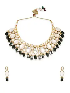 OOMPH Jewellery Green Beads & Kundan Heavy Ethnic Jadau Choker Necklace Set with Drop Earrings For Women & Girls Stylish Latest (NEDP54_Z3)- For Women & Girls Stylish Latest