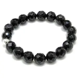 RRJEWELZ Natural Black Onyx Round Shape Faceted Cut 10mm Beads 7.5 inch Stretchable Bracelet for Healing, Meditation, Prosperity, Good Luck | STBR_01459