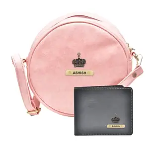YOUR GIFT STUDIO : Classy Leather Customized Chained Sling Bag Round + Men's Wallet - Light Pink Black