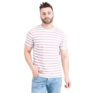 Striped Men Round Neck Pink T-Shirt MTS127-TAN_M
