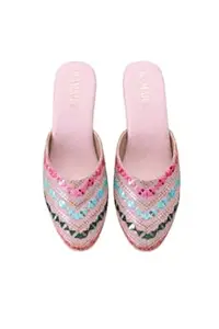 KAMARA Womens Half Bantu Sandals Aari/Zari Work Fabric, 2.5 Dabba Heel, Non-Slip Metro Sheet Sole, Elegant Traditional Footwear | Light Purple