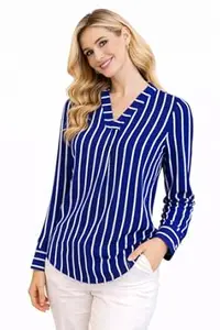 PILLU Women Blue & White Vertical Striped Top | V-Neck Long Sleeve Office Wear Top | Formal Casual Workwear Shirt for Women