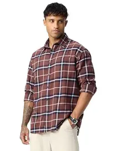 The Souled Store Plaid Shirt: Coral Men and Boys Long Sleeve Spread Collar Brown Checks Lightweight Easy to Style Everyday Office Wear Casual Cotton Relaxed Shirt
