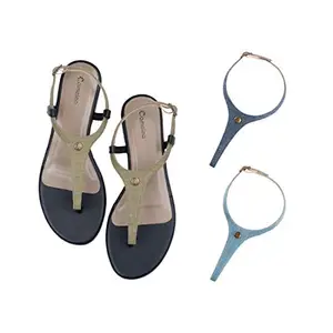 Cameleo -changes with You! Women's Plural T-Strap Slingback Flat Sandals | 3-in-1 Interchangeable Strap Set | Olive-Green-Dark-Blue-Light-Blue