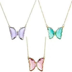 Pack of 3 Elegent Pink, Purple and Blue Crystal Butterfly Pendent Necklace