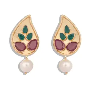 Yinara 22K Gold Plated Ruby Stone Studded Contemporary Petal Shaped Pearl Drop Stud Earrings