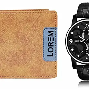 LOREM Orange Color Faux Leather Wallet & Black Analog Watch Combo for Men | WL11-LR70