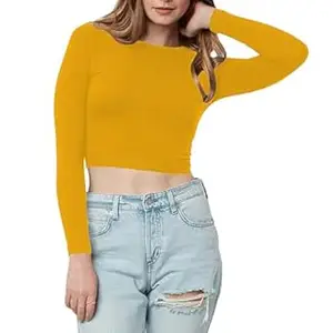 Women's Cotton Boat Neck Full Sleeve Solid Casual Wear Crop Top for Women L355
