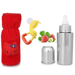CUTIZDROP New Born Baby Milk Feeding Plain Cover, Bottle, Fruit Feeder Combo BPA Free - Plastic, Steel, Silicon
