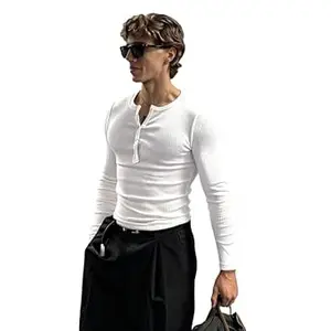 FUGAZEE 100% Cotton White Muscle fit Ribbed Henley Long Sleeves T-Shirt