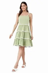 Leisureloom Women Fit & Flare Midi Sleeveless Dress | Premium Cotton Mid-Length Dress for Women & Girls | Solid Green Modeva Style