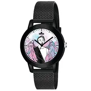 AROA Watch for Womens with BTS Drawing Angel Taehyung Model :570 in Black Metal Type Rubber Analog Watch Pink Dial for Women Stylish Watch for Girls