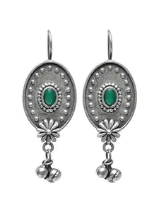 VENI Women's Oxidized Brass Silver Trending Latest Stylish Green Stone Fish Hook Earrings