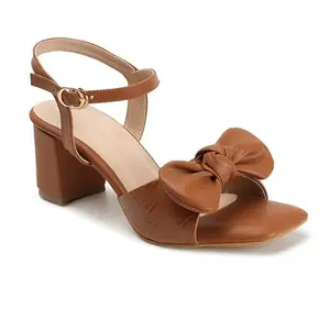 Stepee Stylish & Trendy Tan Textured Open Toe Block Heels with Bow Detail & Buckle Closure Fashion Sandal for Women